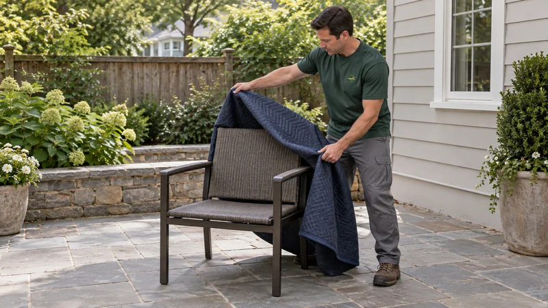 Plan the outdoor receiving position A mover unwrapping a four-legged outdoor armchair after patio placement