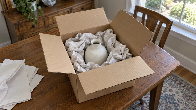 Choose protection for the particular fragile purchase A ceramic decorative vase cushioned in crumpled packing paper inside an open corrugated carton