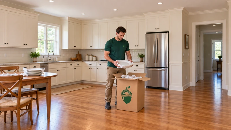 Preparing kitchen dishes A mover supports a paper-prepared dish over a cushioned China carton in a kitchen.