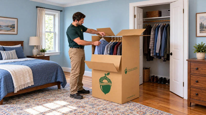 Packing hanging clothes A mover transfers a shirt hanger onto the supported rail of a wardrobe carton.