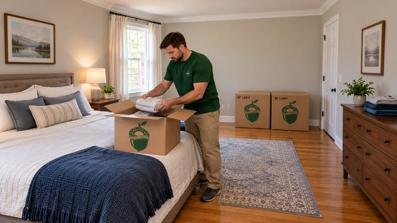 Keeping the last night usable A mover packs spare linen while the made bedding and next-day clothing remain available.