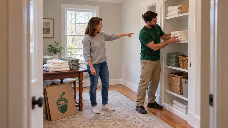 Placement directed by the customer A customer points to a linen shelf while a mover places unpacked towels there.
