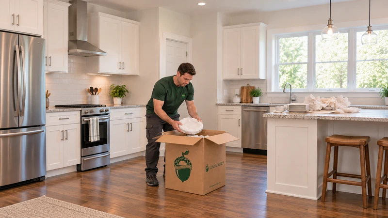 Worker supports a paper-wrapped dish above a cushioned China carton in a kitchen Worker supports a paper-wrapped dish above a cushioned China carton in a kitchen