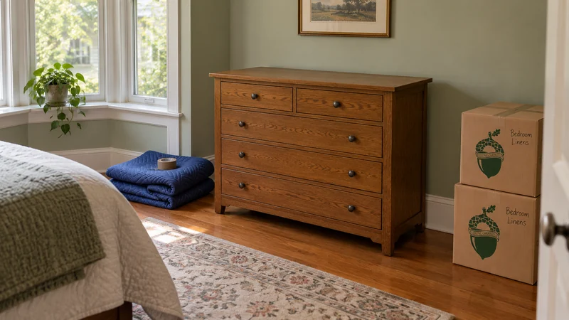 Unwrapped oak dresser in a bedroom with folded moving quilts and labelled cartons beside it Unwrapped oak dresser in a bedroom with folded moving quilts and labelled cartons beside it
