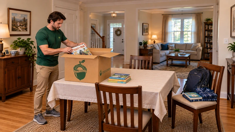 Worker packs a board game while a backpack,pajamas and bedtime book stay on a separate chair Worker packs a board game while a backpack,pajamas and bedtime book stay on a separate chair