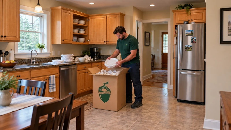 Worker supports a wrapped dinner plate above a cushioned China carton in a townhouse kitchen Worker supports a wrapped dinner plate above a cushioned China carton in a townhouse kitchen