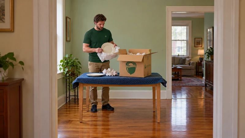 Worker unwraps one intact plate beside a second plate and an open Medium carton on a protected existing table Worker unwraps one intact plate beside a second plate and an open Medium carton on a protected existing table