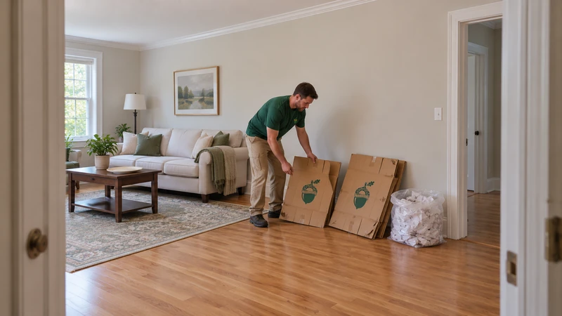 Worker gathers empty flattened used cartons beside separated paper and unpacked plates in a room with a clear path Worker gathers empty flattened used cartons beside separated paper and unpacked plates in a room with a clear path