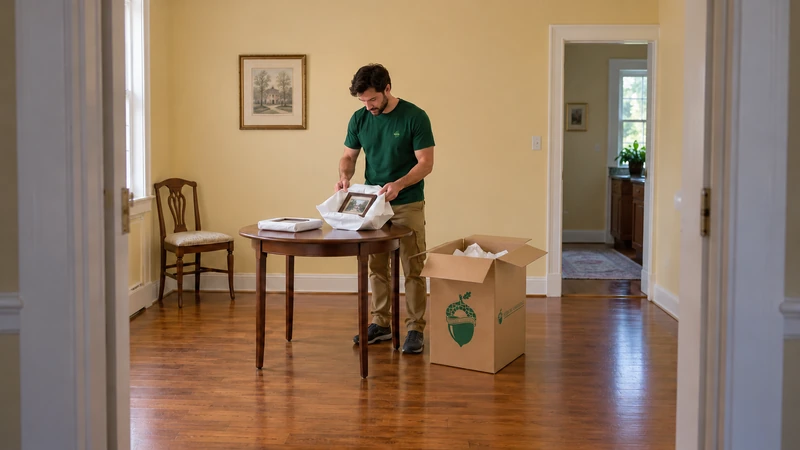 Worker protects a small framed family photograph in paper at an existing walnut table beside a floor China carton Worker protects a small framed family photograph in paper at an existing walnut table beside a floor China carton