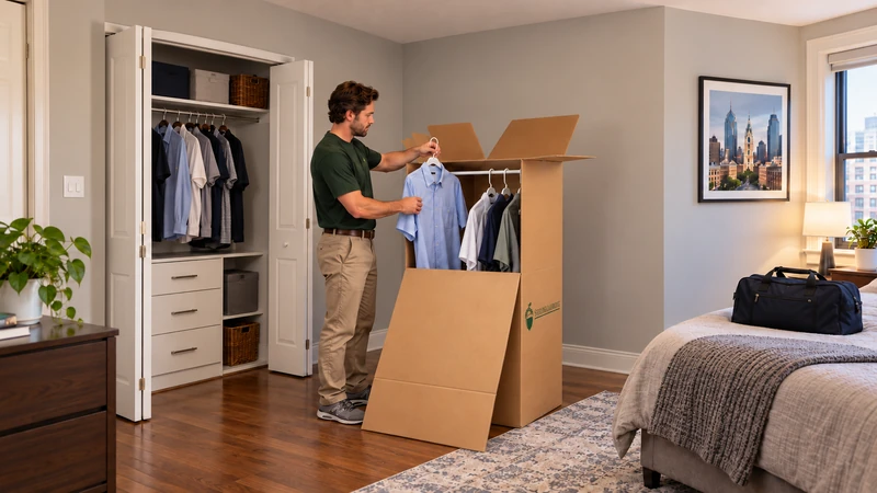 Worker holds a short shirt above a real wardrobe rail beside an open closet while an overnight bag stays on the bed Worker holds a short shirt above a real wardrobe rail beside an open closet while an overnight bag stays on the bed