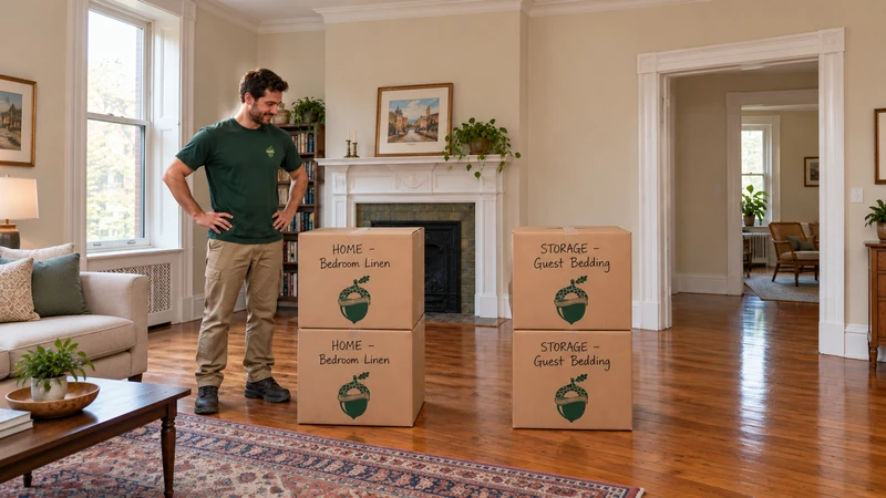 Two sealed carton pairs with HOME Bedroom Linen and STORAGE Guest Bedding written directly on cardboard,with a clear gap and usable doorway
