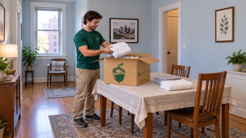 Worker lifts folded linen from an open medium carton onto the agreed covered table,with unpacked sheet and towel separately supported