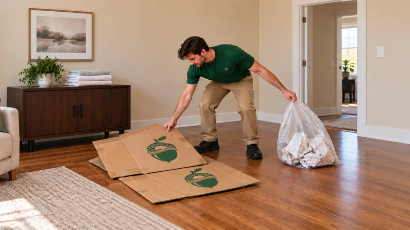 Worker gathers clearly empty used flattened cartons and paper indoors,with both shoes visible and retained linen separately supported on a cabinet
