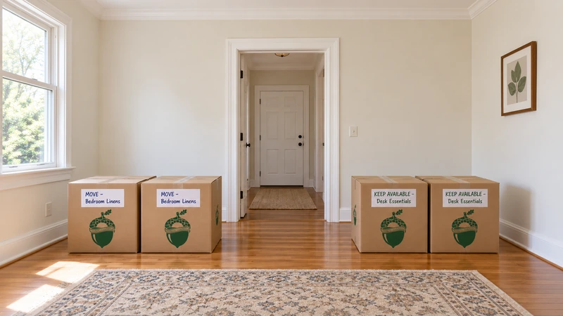 Keep move-now and keep-available groups distinct Four sealed near-cube floor cartons form two labelled pairs for moving bedroom linens and keeping desk essentials available beside a clear complete doorway.