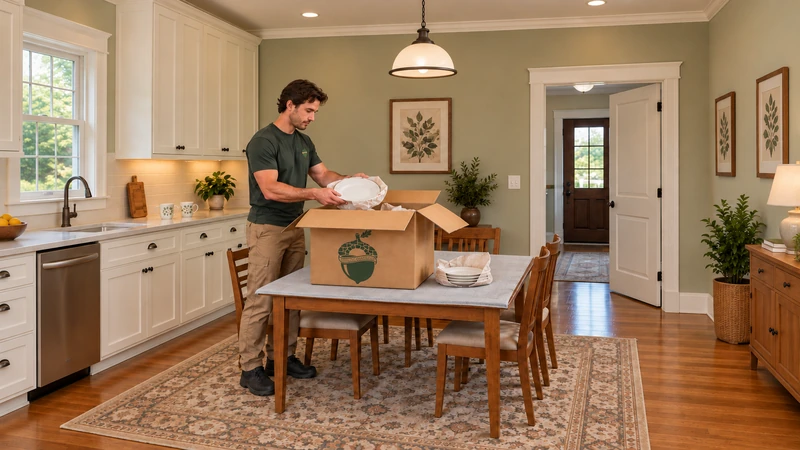 Prepare selected dishes while breakfast items stay available A whole worker holds a paper-supported plate above a medium carton on a protected kitchen table while two breakfast mugs remain apart on the counter.