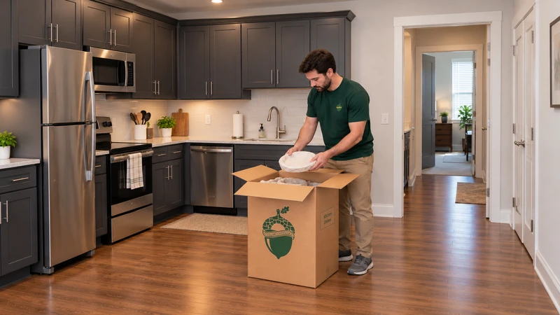 Worker holds a protected ordinary plate above an open tall China carton on the kitchen floor Worker holds a protected ordinary plate above an open tall China carton on the kitchen floor