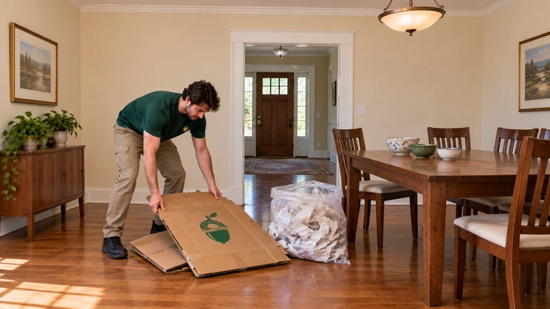 Worker gathers empty collapsed cardboard apart from used paper and retained household contents