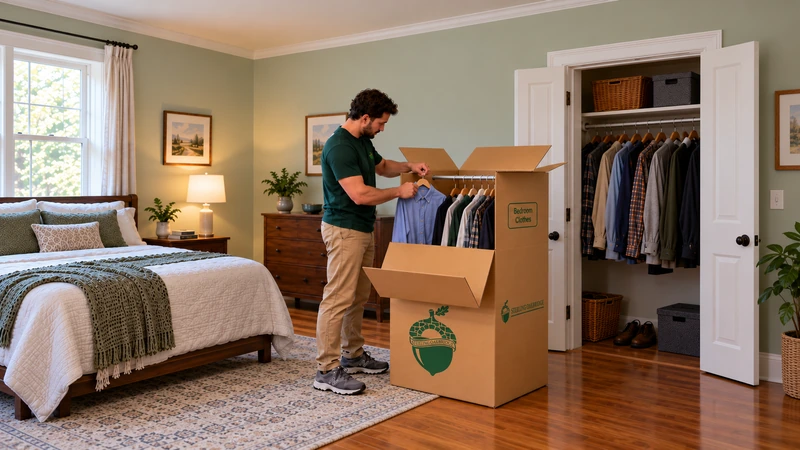 Worker guides selected hanging clothing into a floor wardrobe carton outside an open conventional closet