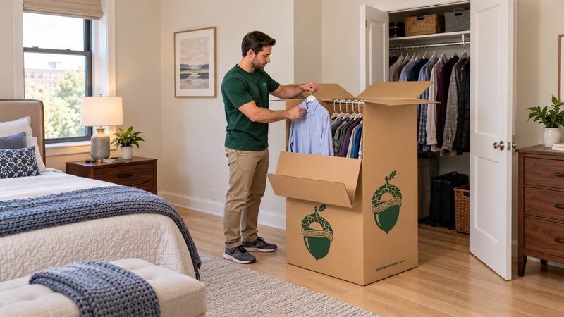 Worker transfers a hanging shirt into a wardrobe carton outside an open bedroom closet