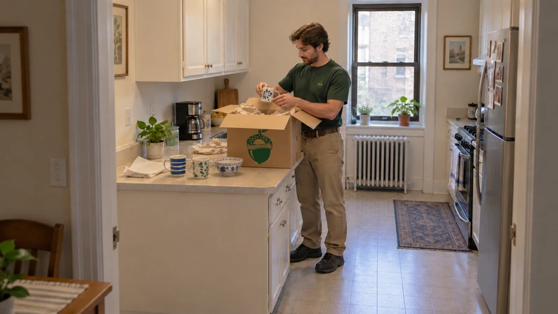 Worker lifts a mug from an open medium carton onto an existing kitchen counter