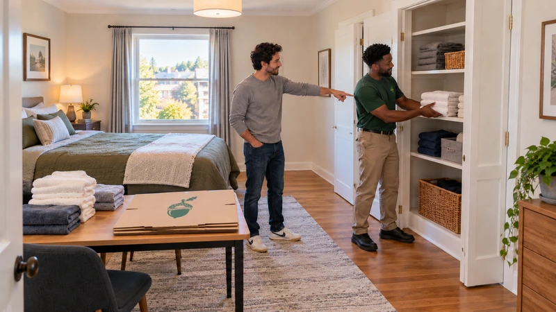 Customer directs a worker placing folded towels on an existing shelf while unpacked towels remain on a table