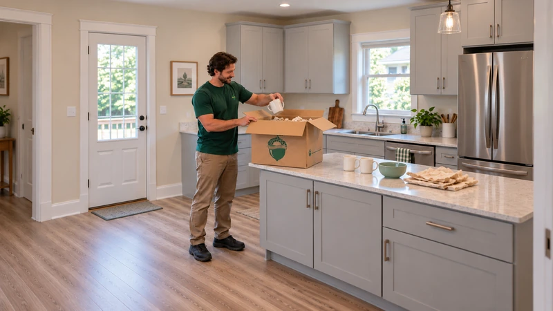 Worker lifts a mug from an open medium carton onto an existing kitchen counter Worker lifts a mug from an open medium carton onto an existing kitchen counter