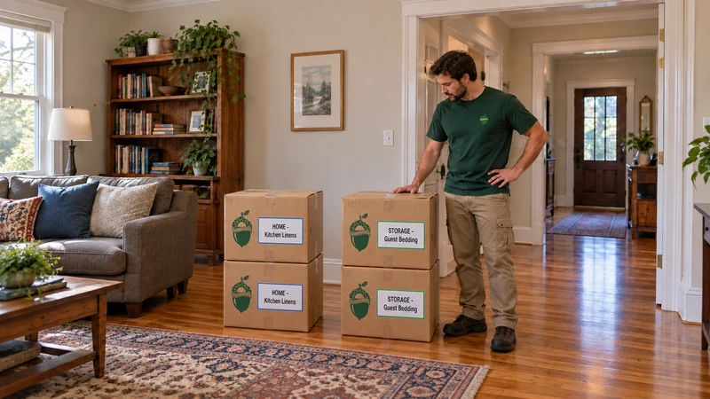 Separate sealed HOME Kitchen Linens and STORAGE Guest Bedding carton groups beside a clear entry route Separate sealed HOME Kitchen Linens and STORAGE Guest Bedding carton groups beside a clear entry route