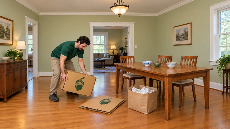 Check empty materials apart from retained belongings A whole worker gathers empty folded cardboard apart from used paper in an open paper container and intact bowls on a complete supported table.