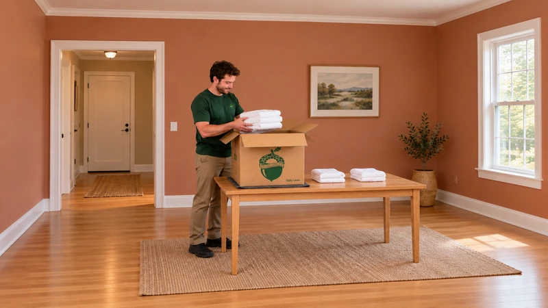 Make daily linen accessible on a cleared table A worker lifts folded white towels from an open medium carton on a complete ordinary table while two received towel stacks wait apart on the surface.