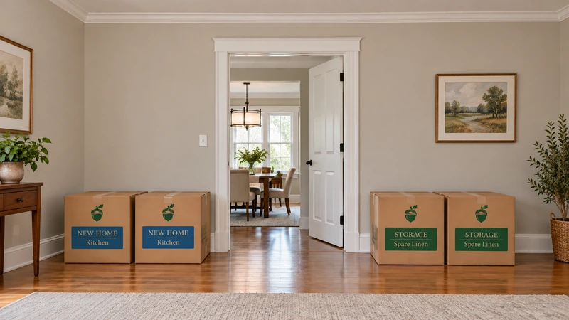 Write the next destination for each retained group Two blue-labelled sealed cartons for the new home kitchen and two green-labelled cartons for storage spare linen stand in separate floor groups beside a clear doorway.