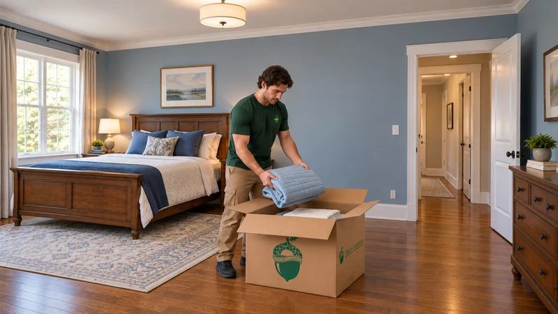 Prepare spare linen while the bed stays usable A worker supports a folded blue quilt above an open floor linen carton beside a fully made bed and clear complete doorway.