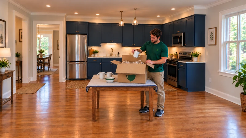 Worker lifts a plain mug from a compact carton onto a protected breakfast table Worker lifts a plain mug from a compact carton onto a protected breakfast table