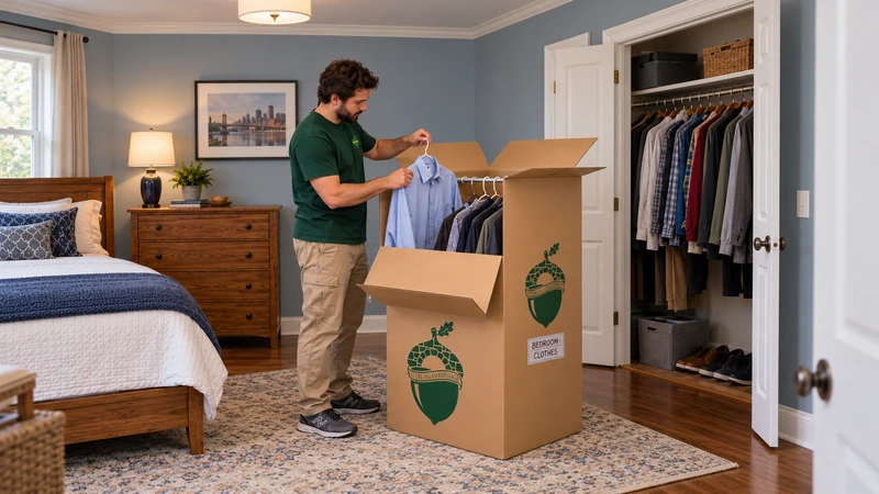 Worker transfers hanging clothes through a coherent wardrobe-carton opening beside an open closet Worker transfers hanging clothes through a coherent wardrobe-carton opening beside an open closet
