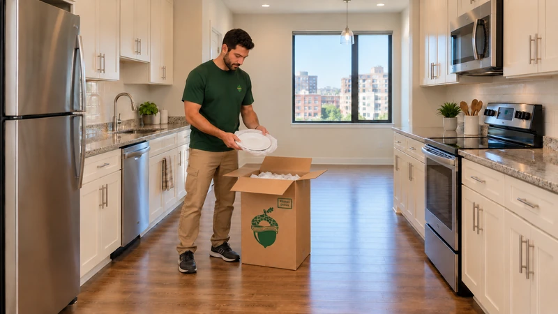 Worker protects a plate above a tall floor-supported dish carton with supported contents inside Worker protects a plate above a tall floor-supported dish carton with supported contents inside