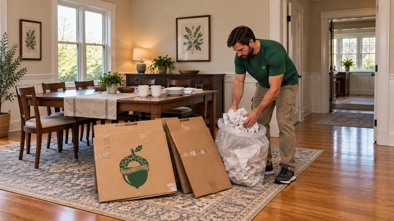 Worker gathers used empty packing paper beside flattened cartons,with retained belongings on the table Worker gathers used empty packing paper beside flattened cartons,with retained belongings on the table
