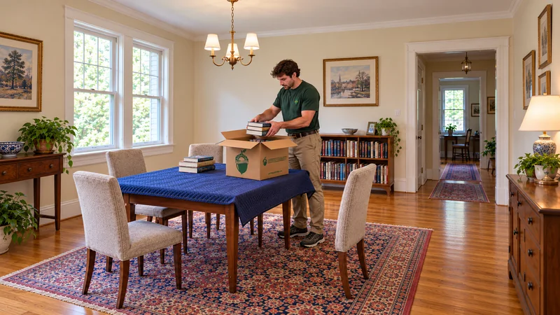 Worker places retained books into a small book carton on an existing padded dining table Worker places retained books into a small book carton on an existing padded dining table