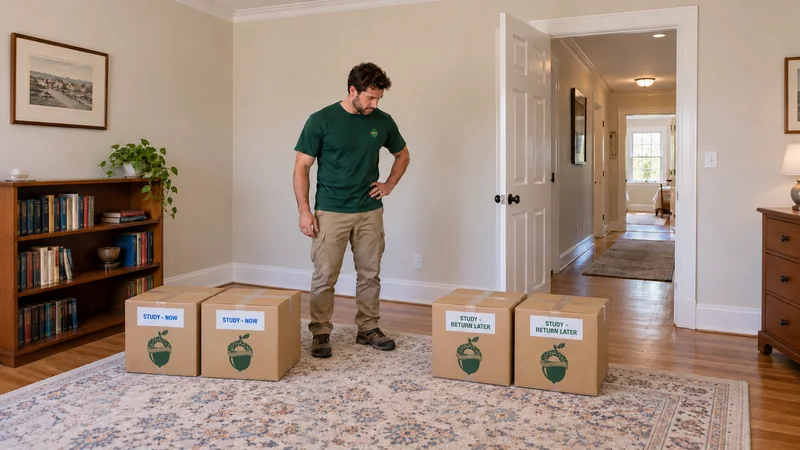 Four sealed cartons form two groups labeled Study Now and Study Return Later beside a clear doorway Four sealed cartons form two groups labeled Study Now and Study Return Later beside a clear doorway