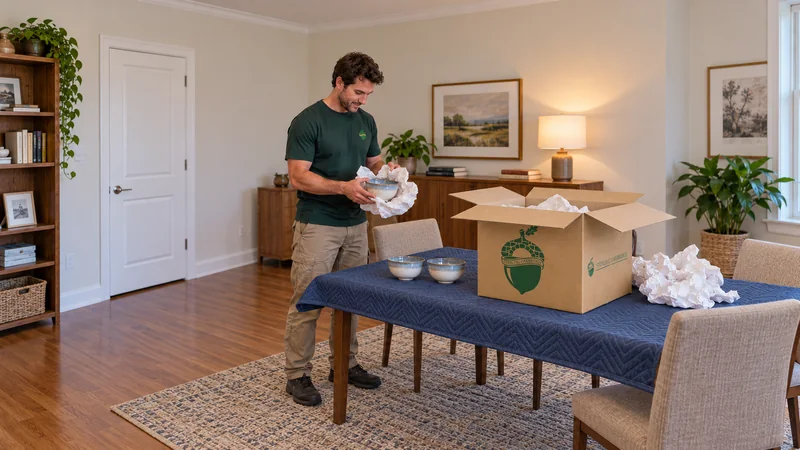 Worker removes paper from a bowl beside two opened bowls and a partly unpacked medium carton Worker removes paper from a bowl beside two opened bowls and a partly unpacked medium carton