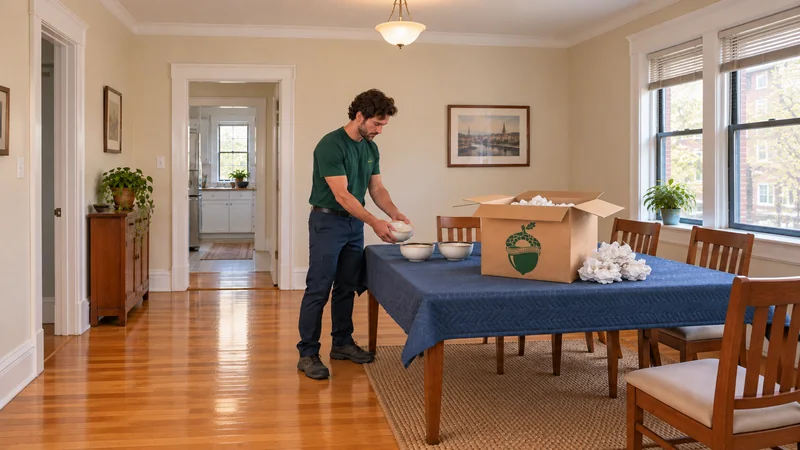 Basic unpacking onto suitable surfaces Worker places a bowl on a protected dining table beside unpacked bowls, an open medium carton and used paper