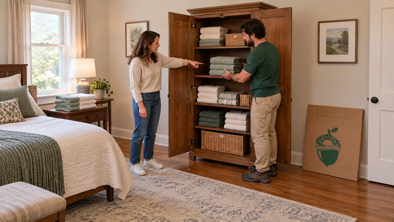 Customer-directed linen placement Customer points to an open cabinet shelf while a worker supports folded towels into place beside remaining linens and a flat empty carton