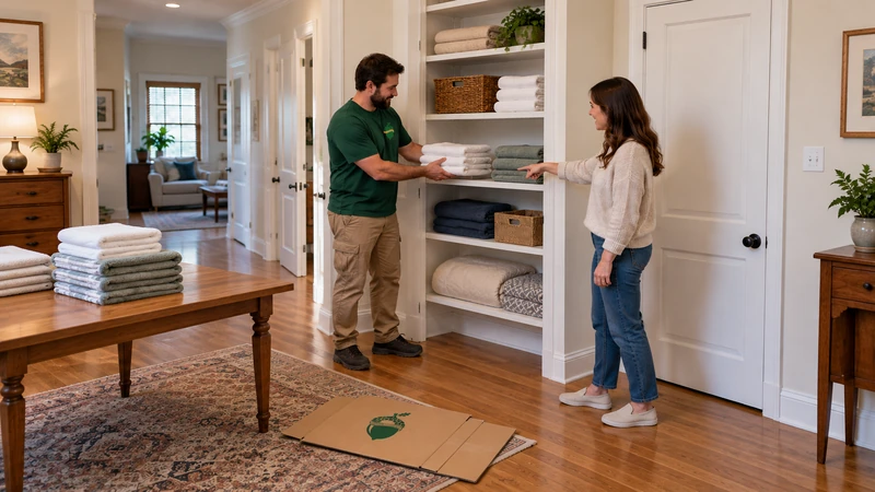 Customer-directed final placement Customer points to a reachable shelf while a worker places a supported towel stack