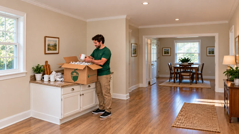 Later kitchen unpacking Worker opens a medium carton onto an available kitchen counter with plain mugs