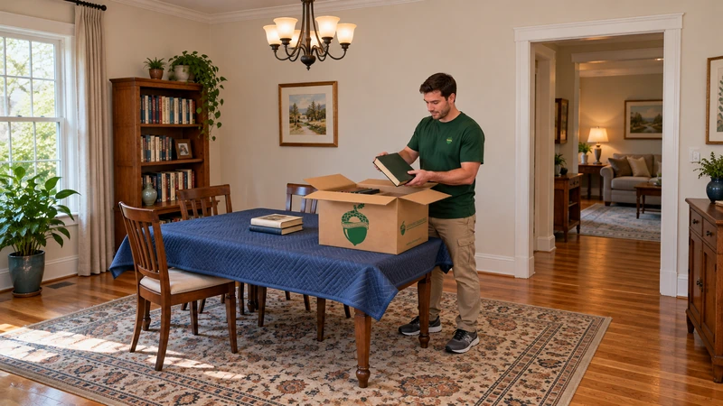Retained book packing Worker supports a selected book above a small carton on an existing quilted table