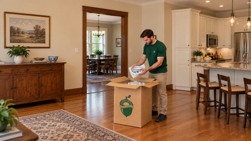 Selected dishware preparation Worker supports a paper-protected bowl above an open tall fragile carton on the floor