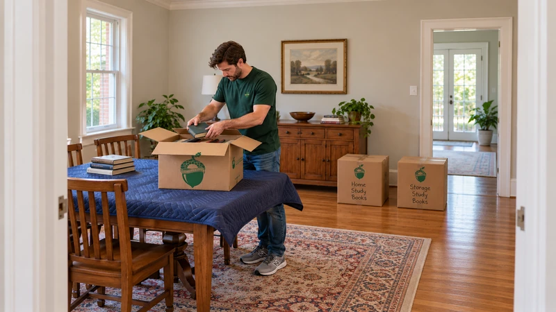 Worker packs books while separate closed cartons show written Home and Storage destinations Worker packs books while separate closed cartons show written Home and Storage destinations
