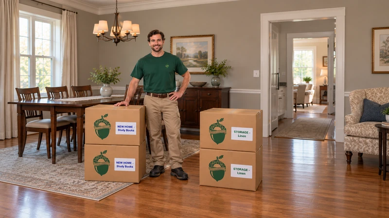 Two sealed NEW HOME Study Books and STORAGE Linen carton groups beside a fully visible worker