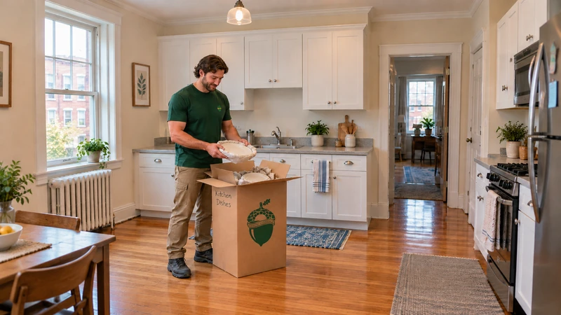 Worker holds a paper-protected plate above a cushioned open dish carton on the kitchen floor