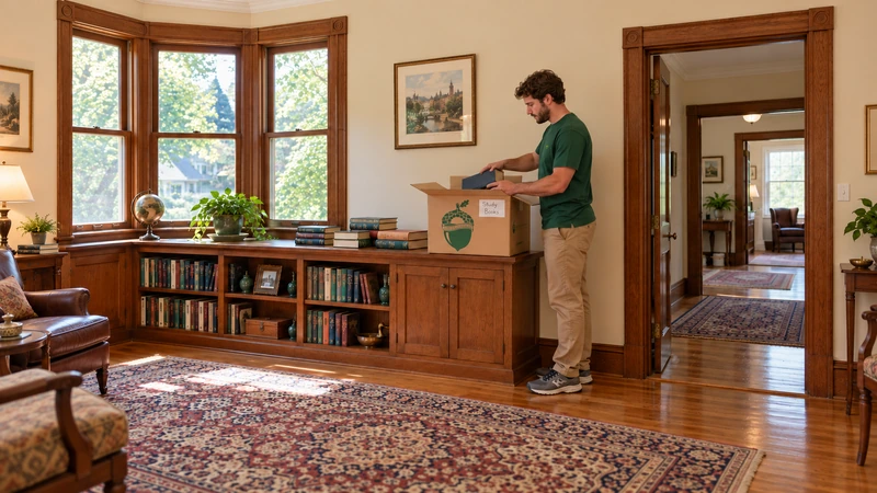 Worker places a closed book into a small carton supported on a built-in library counter