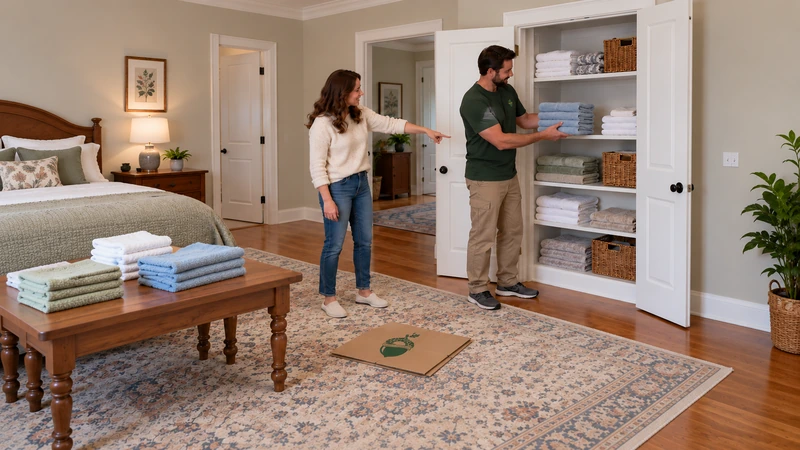 Customer-directed linen placement Customer points to a chosen linen shelf while a worker places folded towels under that direction