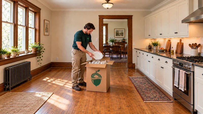 Selected dishware preparation Worker supports a paper-protected plate above an open tall dish carton on the kitchen floor